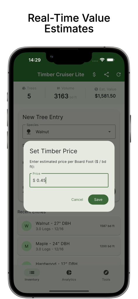 Timber Cruiser: Log Calculator - Timber Cruiser app interface showing timber price settings and real-time value calculation for forestry inventory