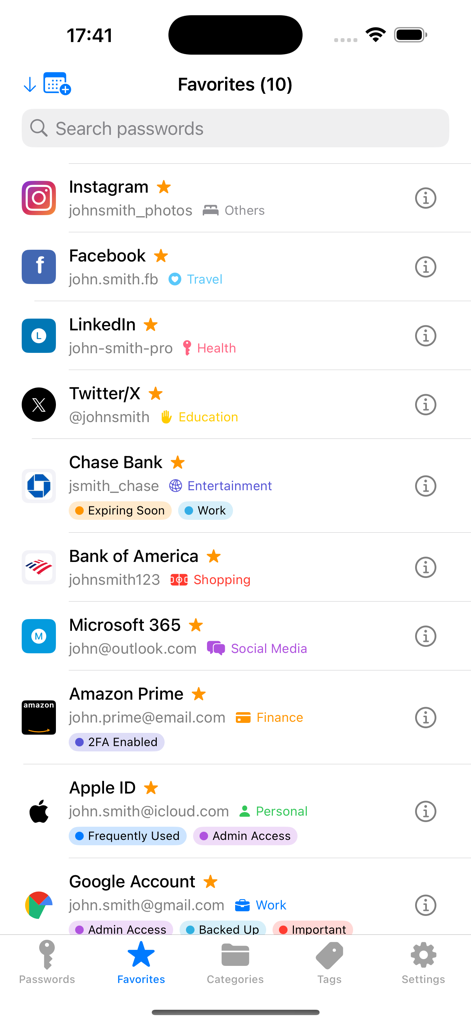 Password Manager Secure Vault - Pantalla de favoritos en la aplicación Administrador de Contraseñas Bóveda Segura que muestra una lista de cuentas de redes sociales y bancarias guardadas con etiquetas personalizadas