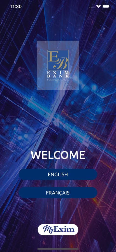 MyExim - Welcome screen of the MyExim mobile banking app showing language selection buttons for English and French over a blue digital background
