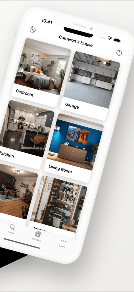 HouseBook - Home Inventory - Interface of HouseBook app displaying categorized home inventory by rooms including Bedroom Garage and Kitchen