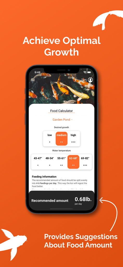 KoiControl app screen featuring the koi food calculator to determine feeding amounts based on water temperature and growth goals