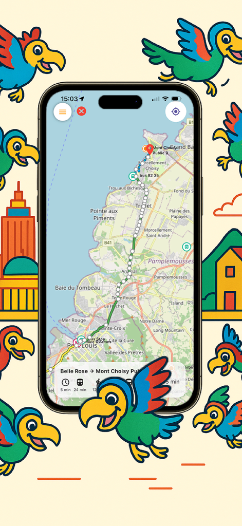 MoMove - MoMove app showing a bus and metro route from Port Louis to Mont Choisy on a map of Mauritius