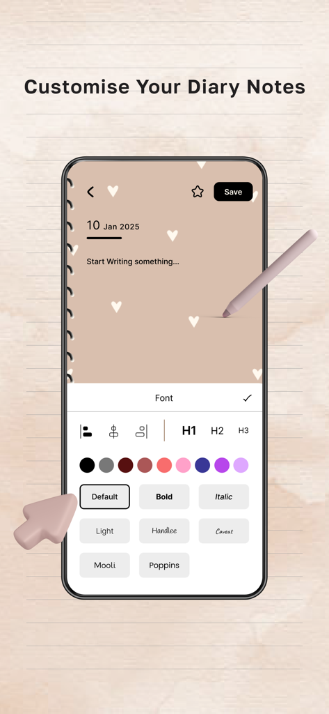 Journal It: Your Daily Diary - Interface of Journal It app showing customization options for fonts and colors in a daily diary entry