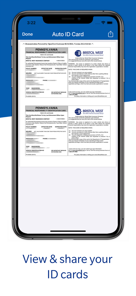 Bristol West mobile app displaying digital auto insurance ID cards for Pennsylvania