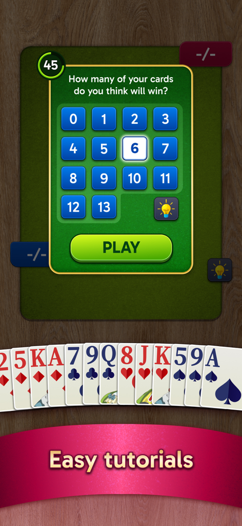 Spades Stars - Card Game - Tela do jogo Spades Stars mostrando um menu de seleção de lances com um botão de play e o texto tutoriais fáceis