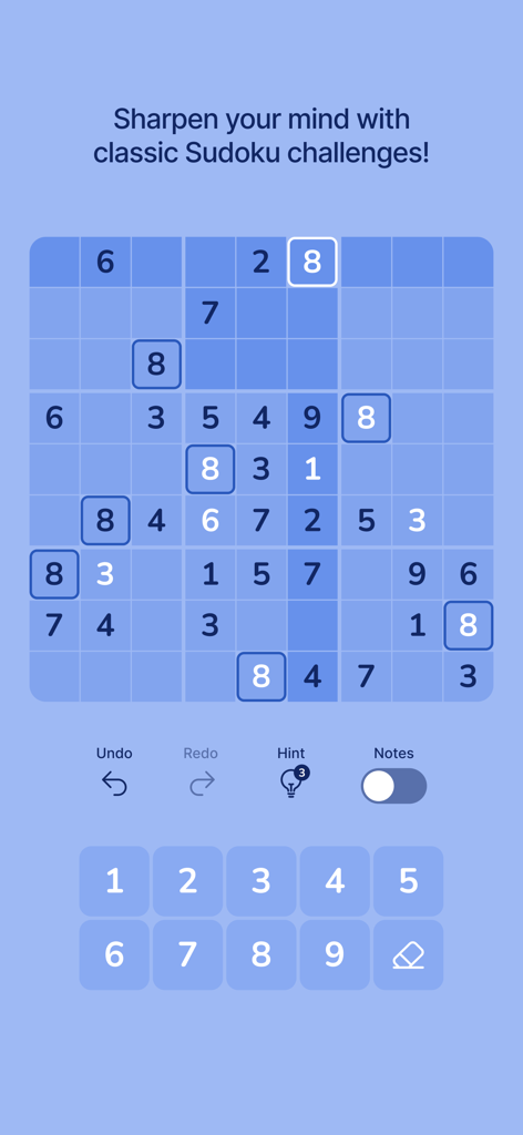 Cozy Sudoku - Interfaz de juego de Cozy Sudoku mostrando una cuadrícula de puzle azul y un teclado numérico