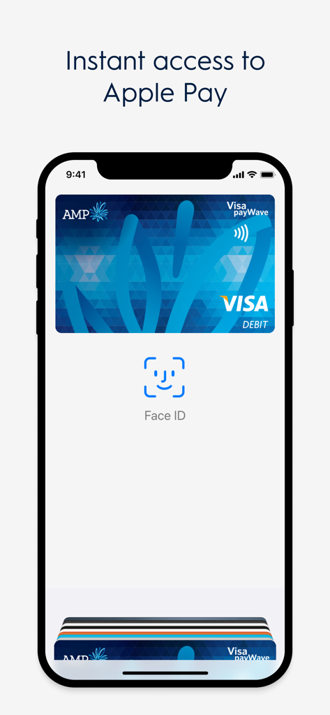 My AMP app screen showing Apple Pay integration with an AMP Visa Debit card and Face ID authentication.
