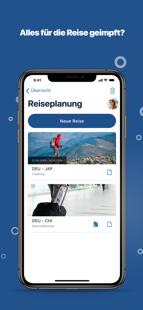 impf.app - Interfaz de la aplicación móvil que muestra la planificación de vacunas de viaje para viajes internacionales en el sistema de registro digital de impf.app