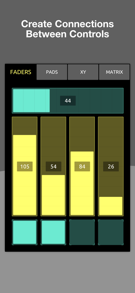 TouchOSC - TouchOSC app interface showing customizable yellow faders and teal buttons for MIDI and OSC control.