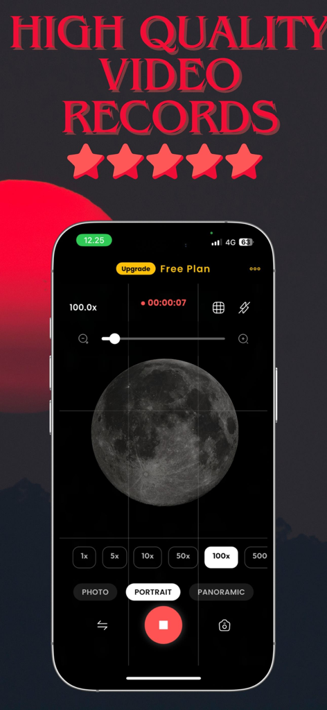 Tele Camera : 1000x Ultra Zoom - Tele Camera app interface capturing a detailed view of the moon at 100x zoom