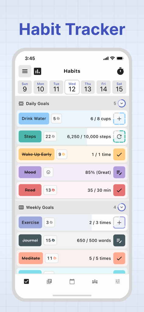 HelloHabit - Habit Tracker - HelloHabit mobile app dashboard showing daily and weekly productivity goals with progress tracking
