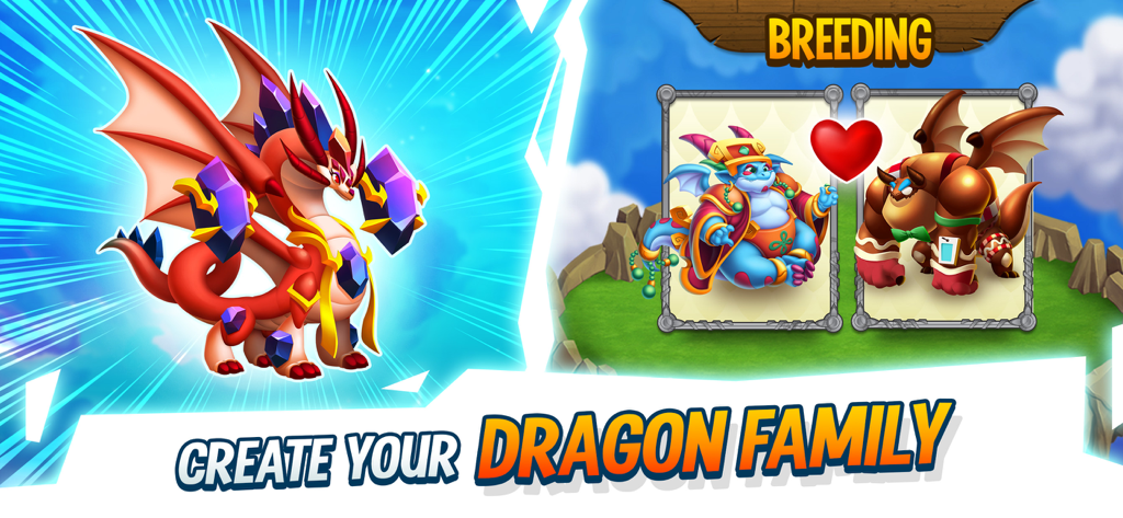 Dragon City: Battle Adventure! - Pantalla de cría en Dragon City mostrando dos dragones emparejados con un icono de corazón para crear nuevos híbridos