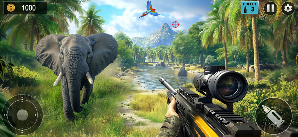 Wild Deer Hunt Games - A first person sniper view aiming at a large elephant in a tropical jungle setting