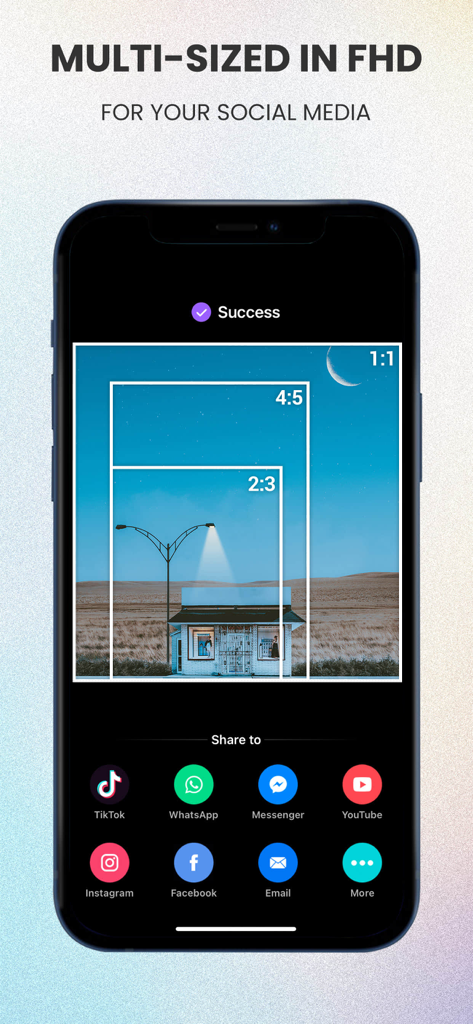 Filmigo app interface showing multiple aspect ratio options for video export and social media sharing buttons.