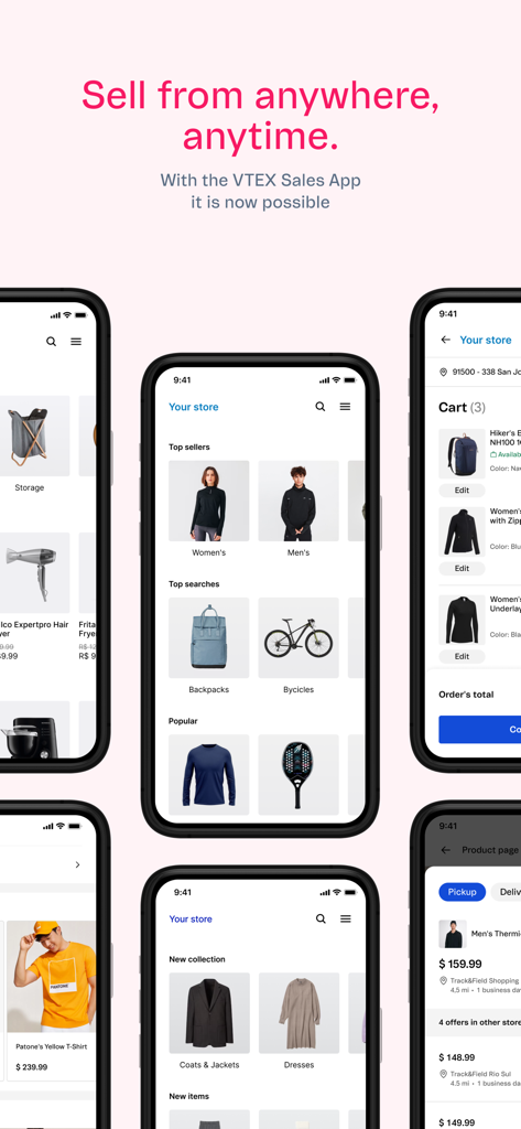 VTEX Sales App - Interface móvel do VTEX Sales App exibindo catálogos de produtos e carrinho de compras para lojas de varejo