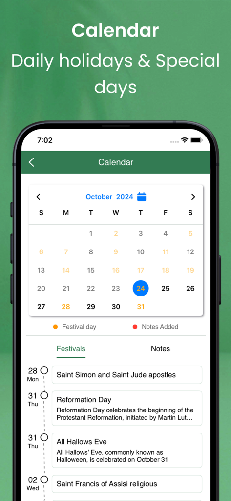 Uma interface de calendário religioso no aplicativo Bible for Women mostrando feriados diários e festivais especiais.