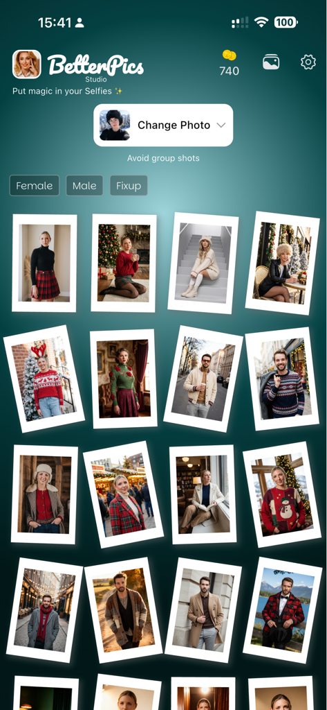BetterPics Studio Photoshoot - Interface of BetterPics Studio app showing a grid of different AI-generated portrait style options for men and women.