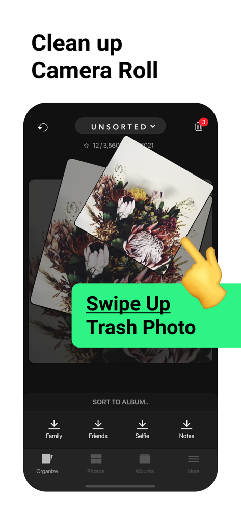 Slidebox: Photo Cleaner App - Interface of Slidebox app showing a swipe up gesture to delete photos and organize the camera roll into albums