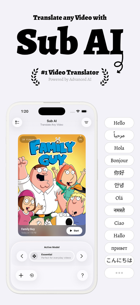 Sub AI - Video Translator - Interface de l'application Sub AI montrant les fonctionnalités de traduction vidéo dans plusieurs langues sur un écran mobile