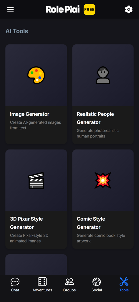 Interface of RolePlai app showing AI tools to generate realistic people and Pixar style 3D images