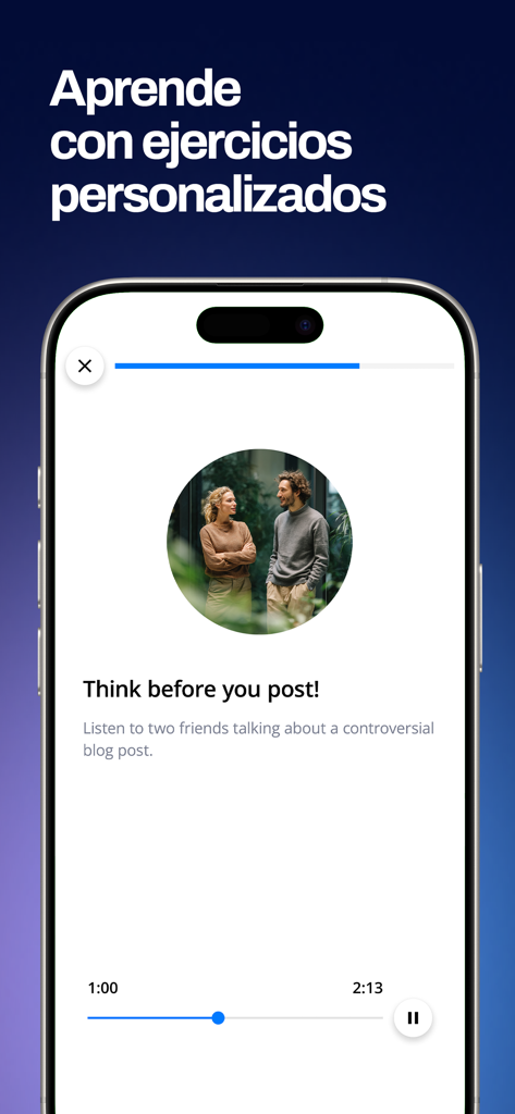 Master English - Pantalla de la aplicación Master English que muestra una lección personalizada de comprensión auditiva en inglés para el avance profesional