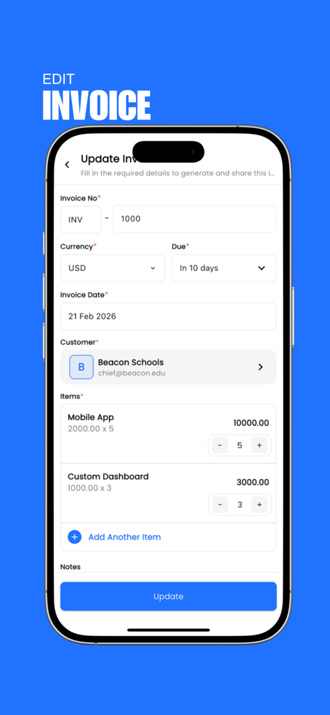 Tela do aplicativo móvel para atualizar uma fatura com detalhes do cliente e preços detalhados