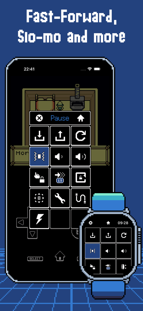 Menú de controles del emulador ArcEmu en iPhone y Apple Watch mostrando opciones de avance rápido y cámara lenta