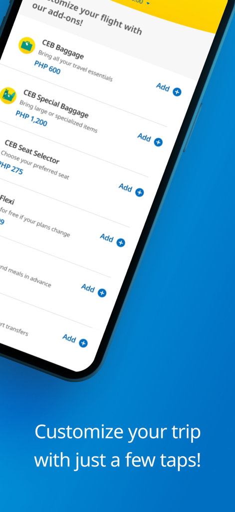 세부퍼시픽 모바일 앱 화면, 수하물 및 좌석 선택 옵션 표시