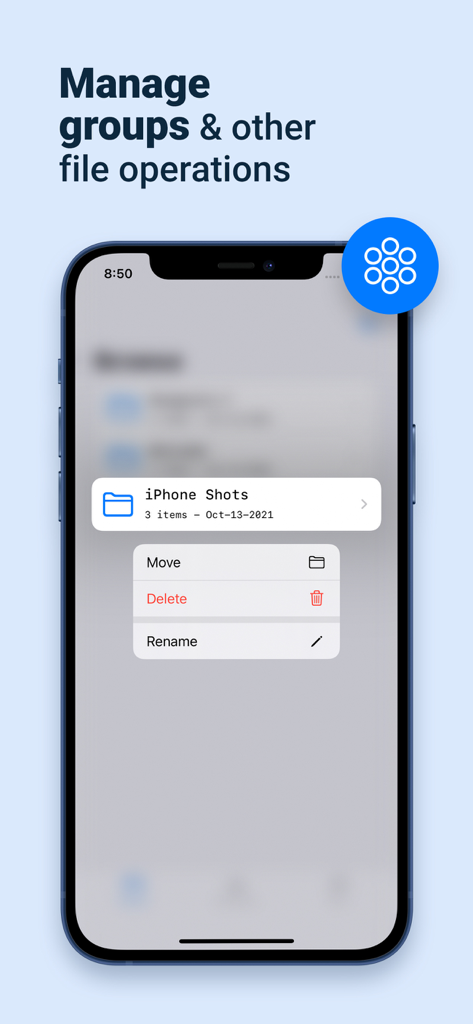 D Manager IDM - D Manager IDM app screen showing file management options like move delete and rename for an iPhone folder