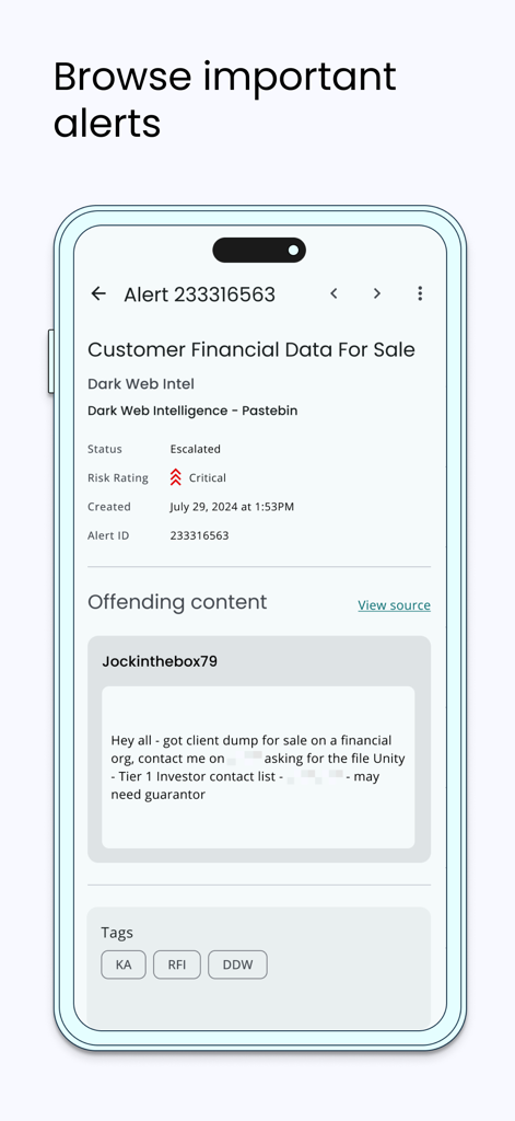 ZeroFox Alerts mobile app displaying a critical risk notification for customer financial data found on the dark web