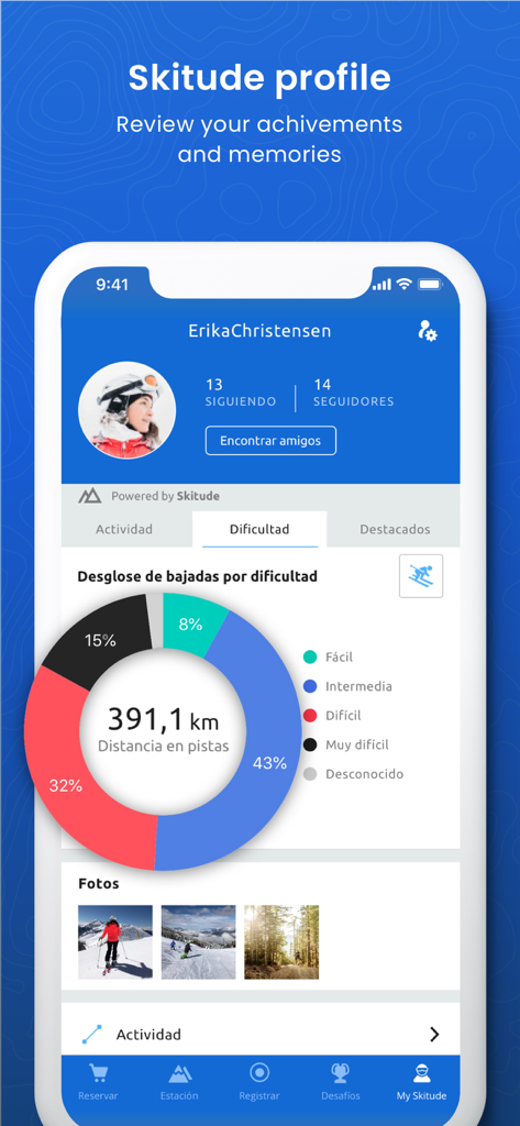 Estiber Viajes - Aplicación Estiber Viajes que muestra el perfil de usuario de Skitude con estadísticas de distancia de esquí y desglose de dificultad de las pistas