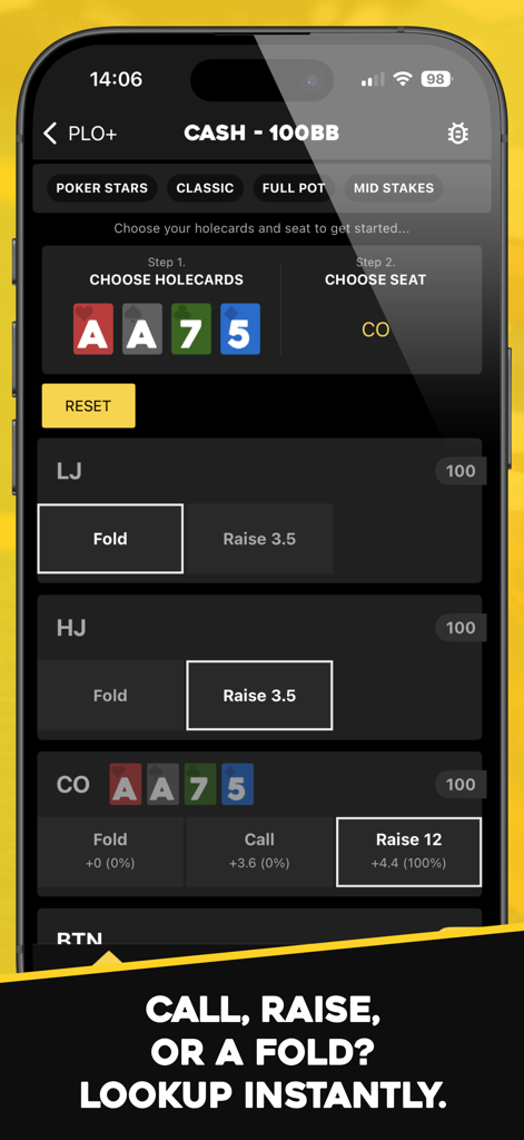 PLO+: Pot Limit Omaha Trainer - A mobile interface for the Pot Limit Omaha trainer app showing GTO preflop strategy and hand lookup for cash games.