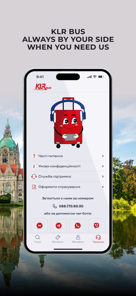 KLR Bus - tickets booking - KLR Bus mobile app support page showing contact details, FAQ, and a cartoon suitcase character.