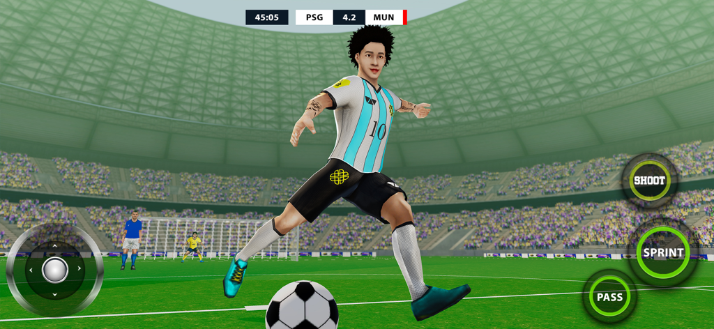 Un jugador de fútbol 3D con una camiseta de rayas azules y blancas patea un balón en un estadio durante un partido del juego móvil.