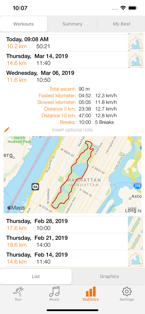 Trainingshistorie und Laufstatistiken mit GPS-Karte in run.App