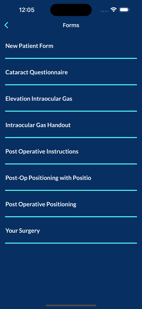 A list of digital medical forms and post-operative instructions for patients in the DocApp mobile interface