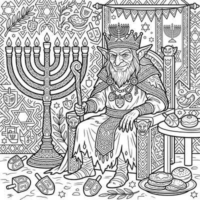 Dive into a truly unique holiday coloring experience with this festive Goblin King Hanukkah page. This intricate design blends fantasy and tradition, offering hours of creative enjoyment for all ages.
