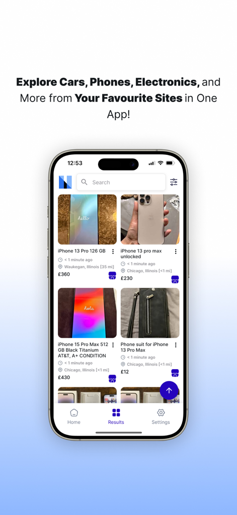 Captura de tela do aplicativo Monitor de Marketplace mostrando uma lista de ofertas de iPhones de vários marketplaces