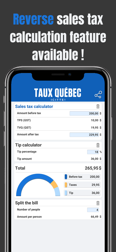 Tax Calculator Quebec GST QST - Quebec tax and tip calculator showing reverse sales tax calculation and bill splitting features