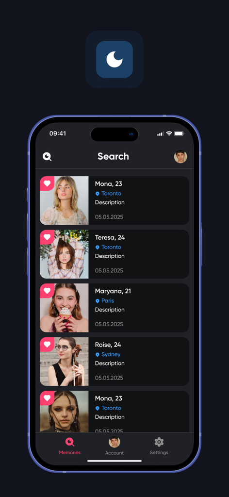 TrueLink - A search screen in the TrueLink app showing a list of curated digital memories with photos and locations.
