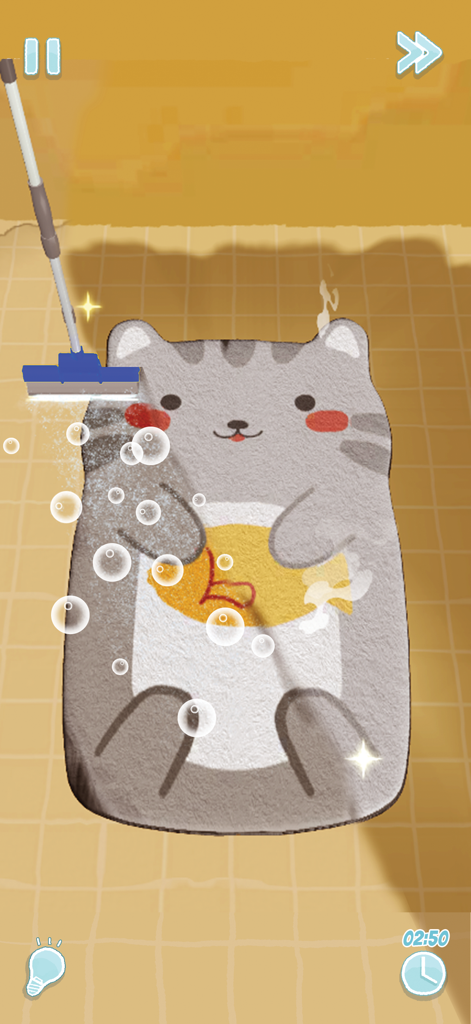 Limpiando una alfombra con forma de gato y linda con burbujas de jabón en el juego Perfect Tidy