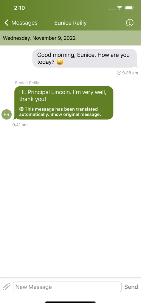 ParentSquare - Chat interface showing school communication with automatic message translation