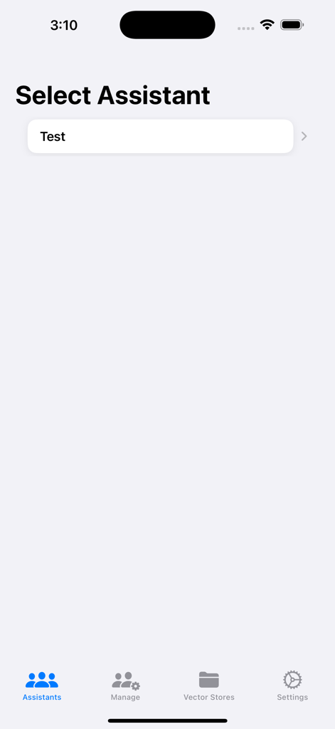 OpenAssistant - Interface of the OpenAssistant app showing the assistant selection screen with navigation icons for assistants manage vector stores and settings