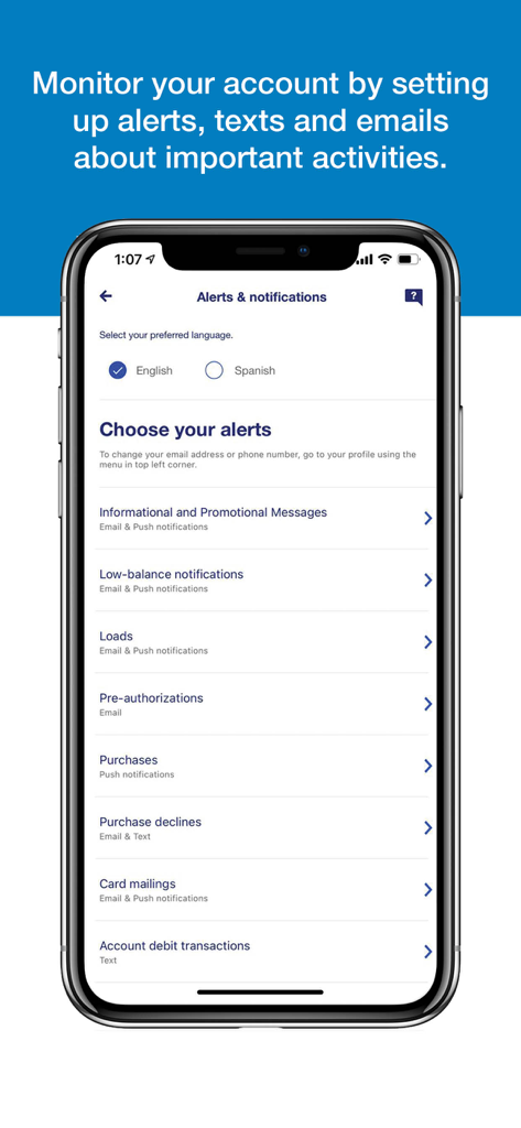 US Bank ReliaCard app screen for managing account alerts and notifications