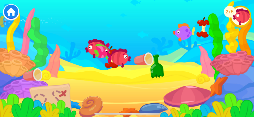 Una colorida escena submarina de la aplicación KoKids con peces rosas y morados, arrecifes de coral y objetos para el aprendizaje interactivo.
