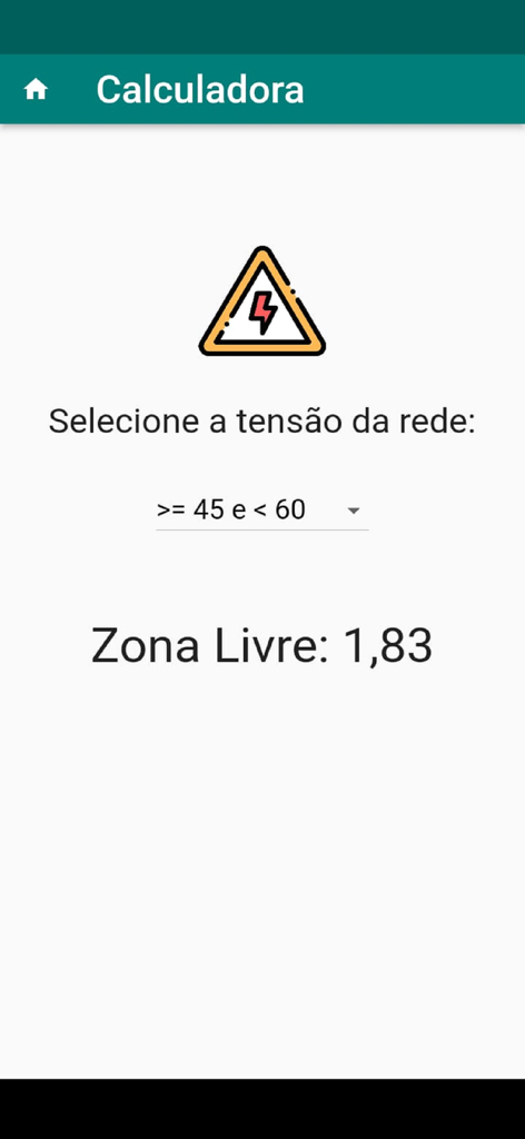 Zona Livre NR 10 - Interface da calculadora Zona Livre NR 10 mostrando o cálculo de distância segura para tensões elétricas.