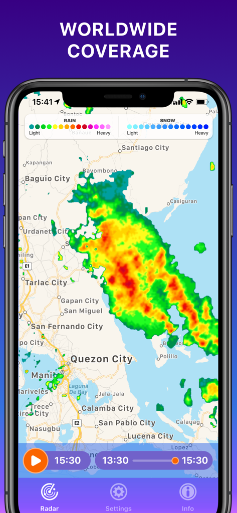 Smartphone screen displaying the Rain Radar app with a worldwide coverage map and a color-coded precipitation intensity overlay.