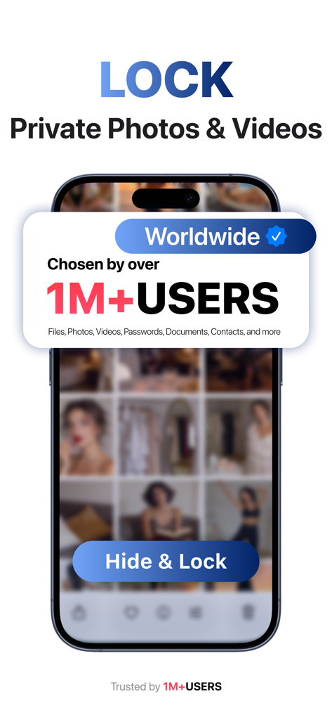 Secret Photo Vault: Safe Files - Secret Photo Vaultアプリの画面、プライベート写真と動画をロックし、100万人以上のユーザーの信頼バッジが表示されています