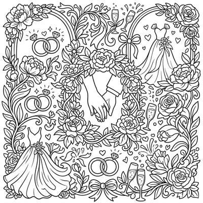 Immerse yourself in the beauty of love with this exquisite abstract floral wedding coloring page. This intricate design blends romantic motifs like holding hands, rings, and elegant dresses with stunning botanical elements, perfect for a relaxing creative session.