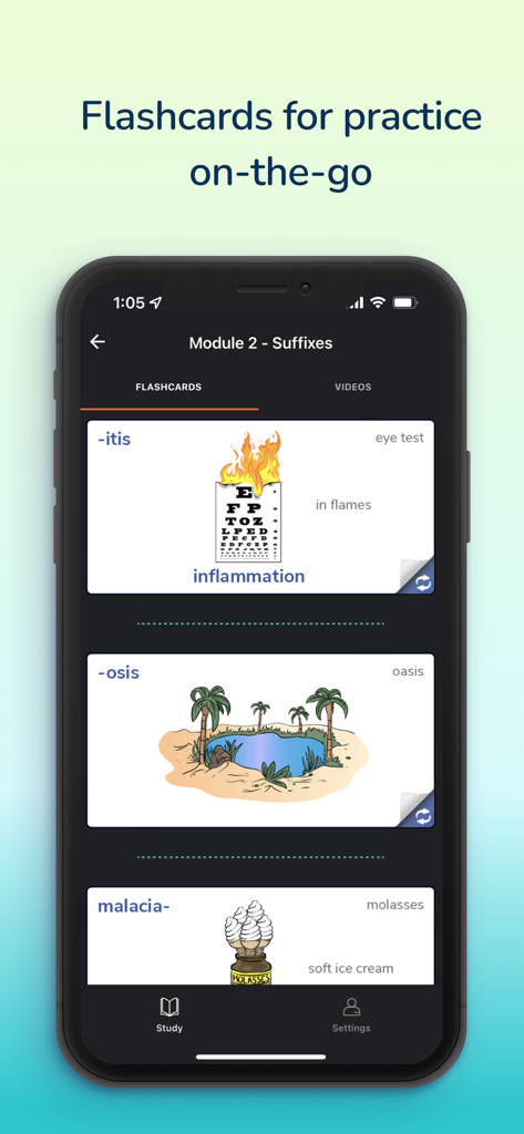 Tela móvel mostrando flashcards com imagens mnemônicas para aprender sufixos médicos como itis e osis